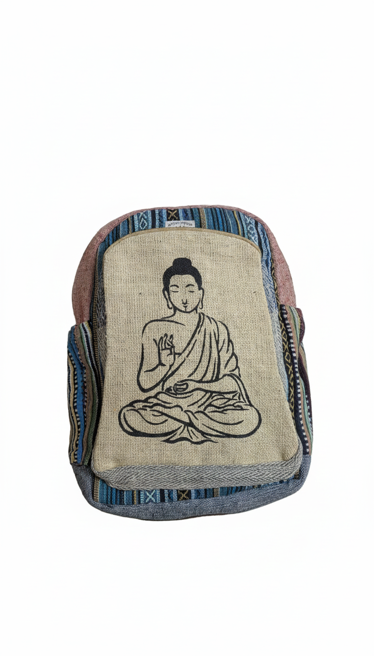 Handcrafted Buddha Zen Backpack – Natural Hemp with Rainbow Gheri Accents