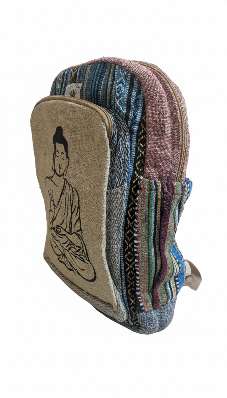 Handcrafted Buddha Zen Backpack – Natural Hemp with Rainbow Gheri Accents