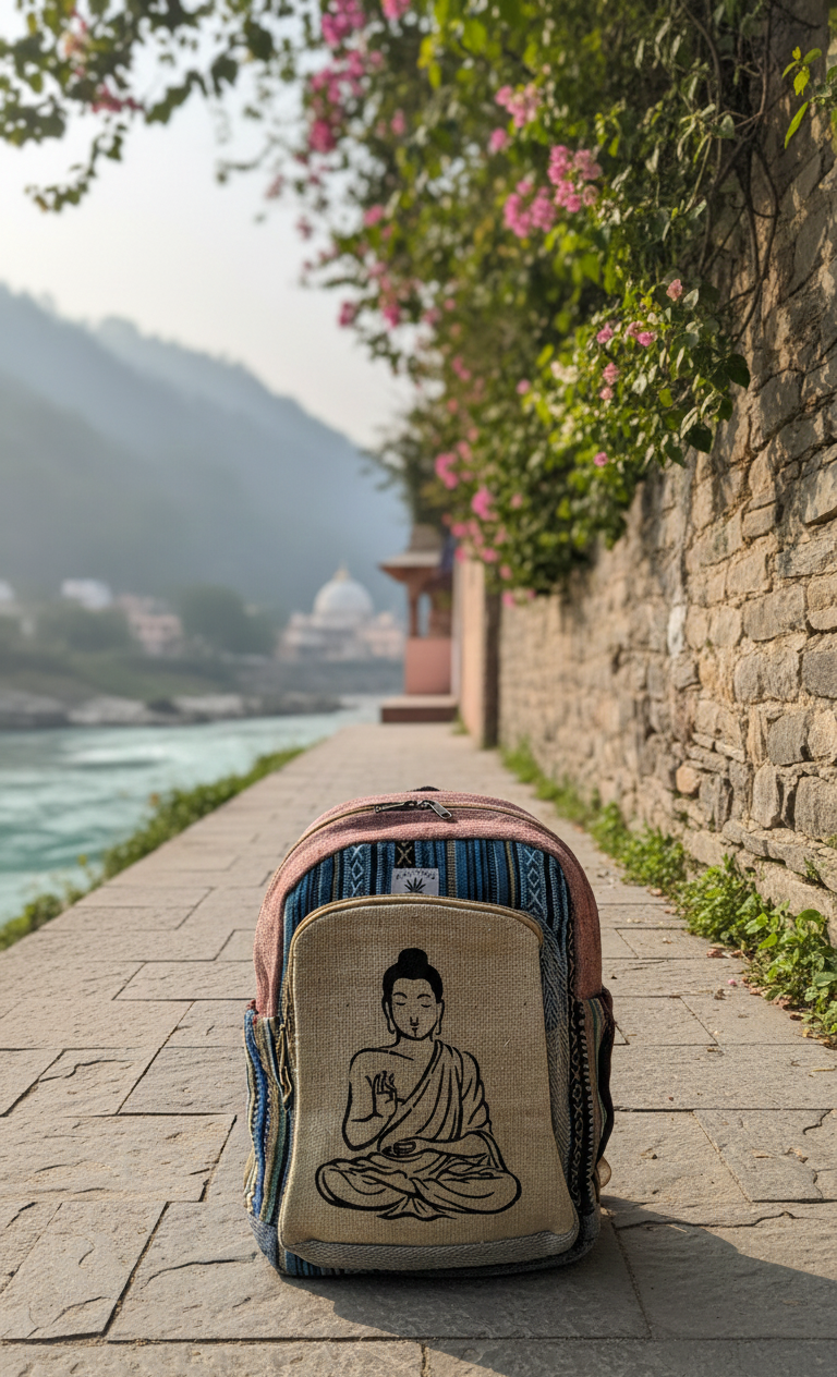 Handcrafted Buddha Zen Backpack – Natural Hemp with Rainbow Gheri Accents