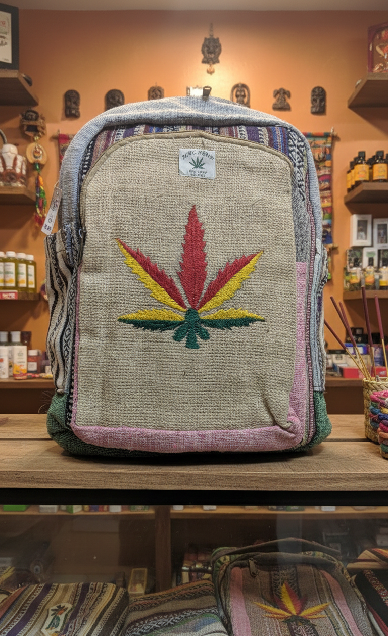 Eco-Friendly Leaf Print Hemp Rucksack – Boho Travel Companion