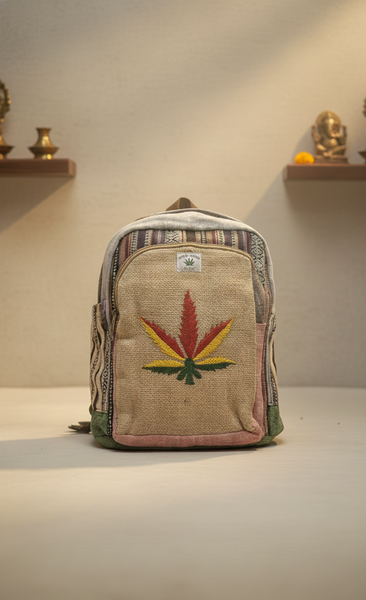 Eco-Friendly Leaf Print Hemp Rucksack – Boho Travel Companion