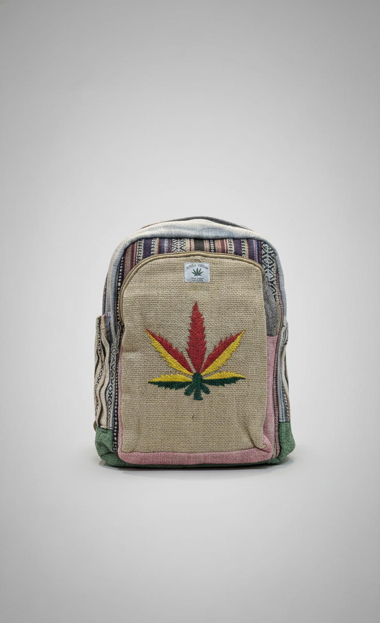 Backpack with a cannabis leaf design on a gray background