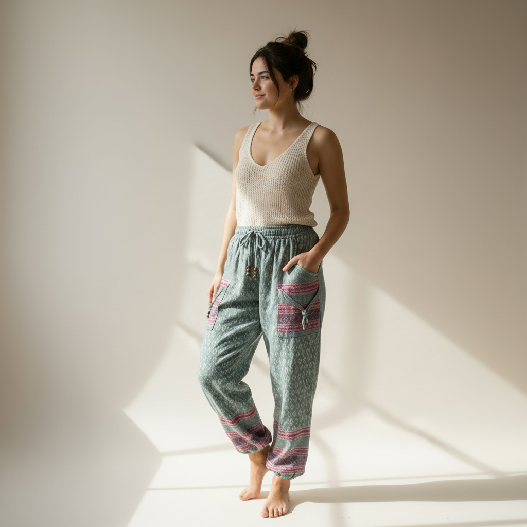 Woman wearing a beige tank top and patterned gray pants standing against a neutral background