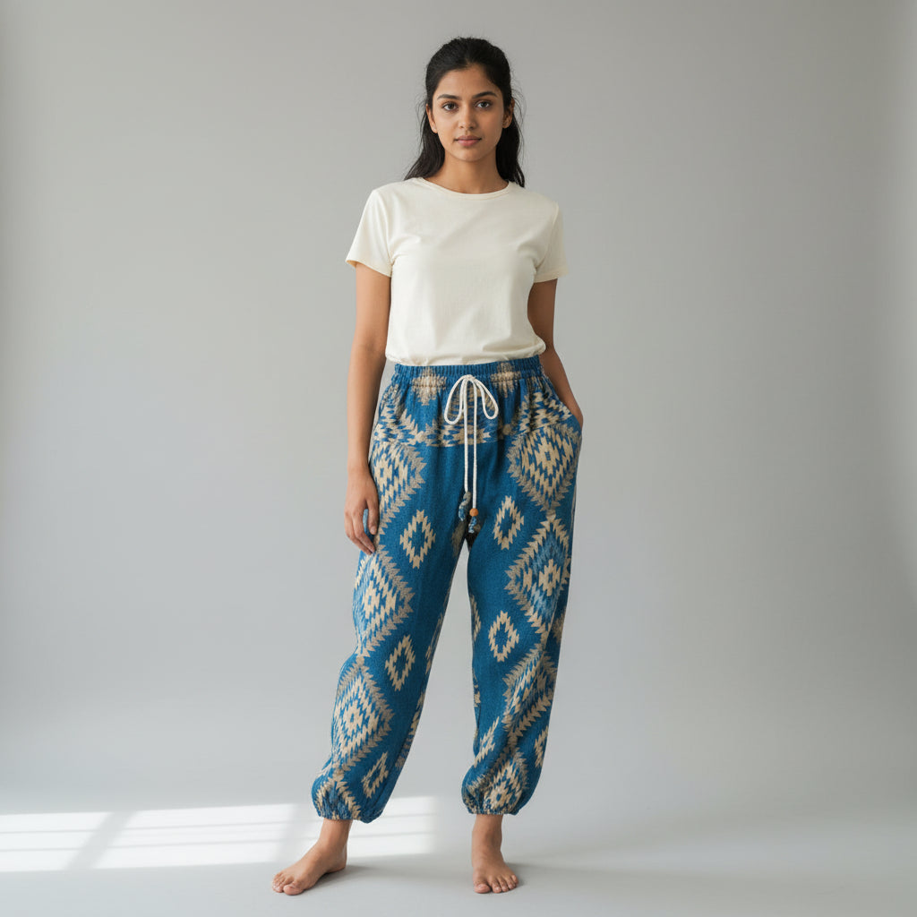 Blue patterned pants hanging on a hanger against a wooden door background
