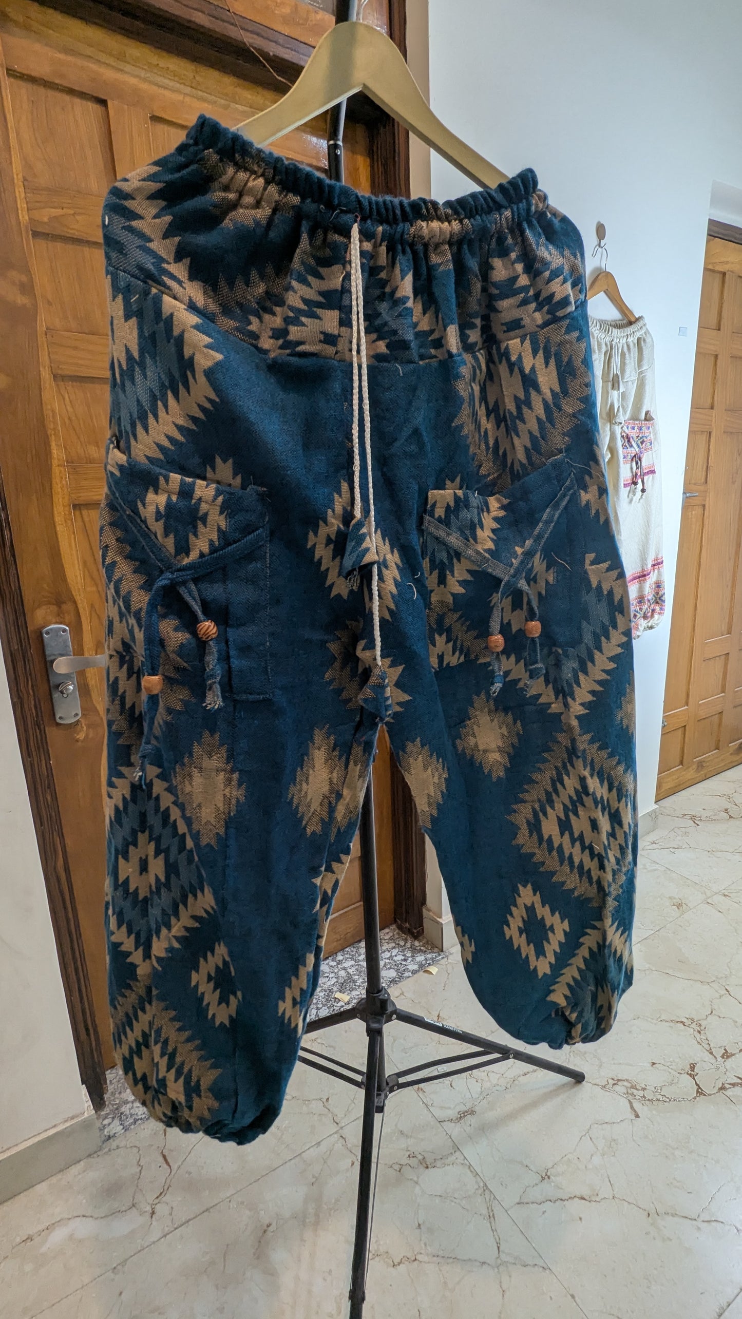 Shivalik Heritage Woolen Harem Pants – Forest Green Floral Tapestry