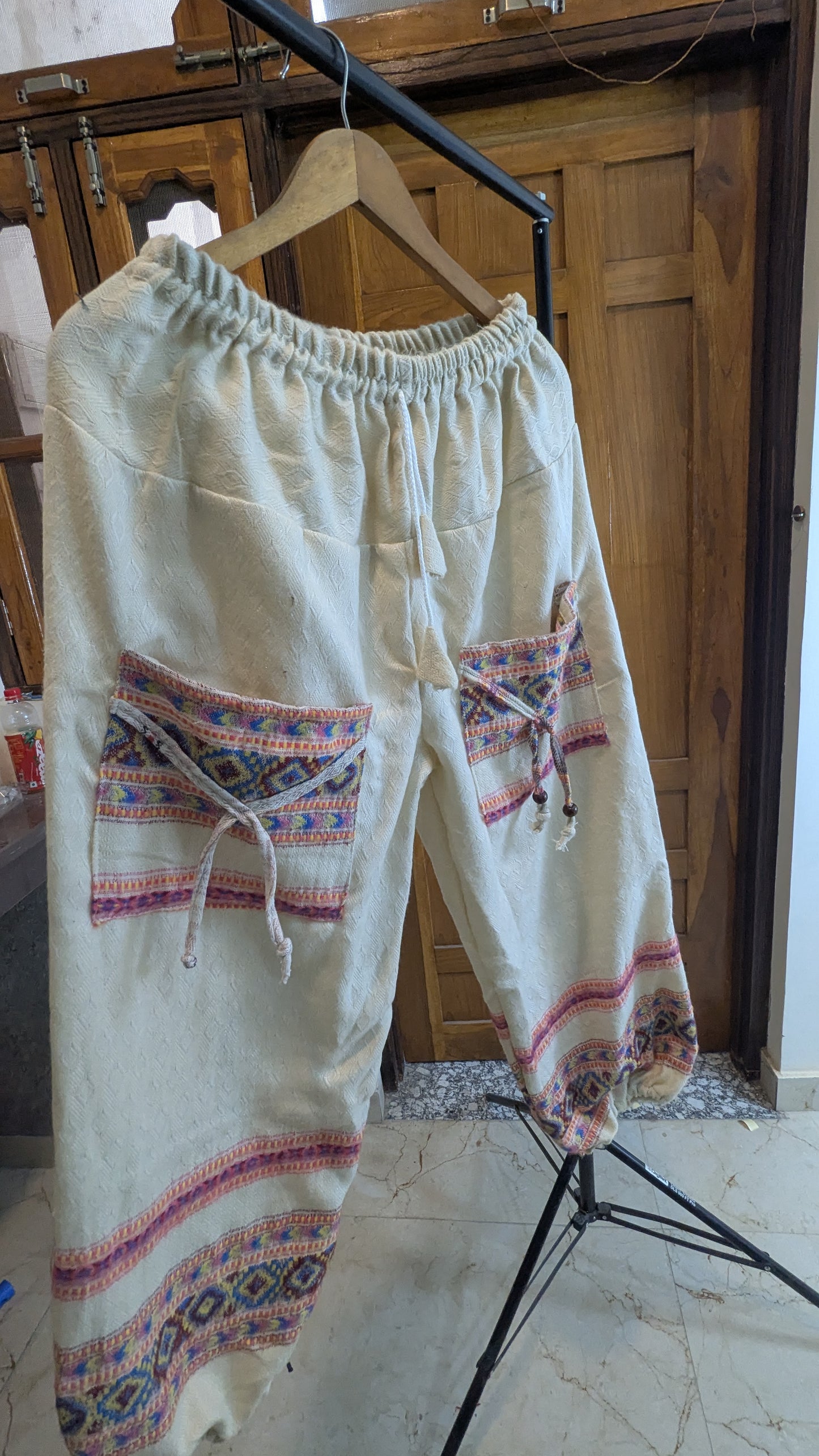 Woolen Harem Pajamas – Cream Diamond Weave with Tribal Accents