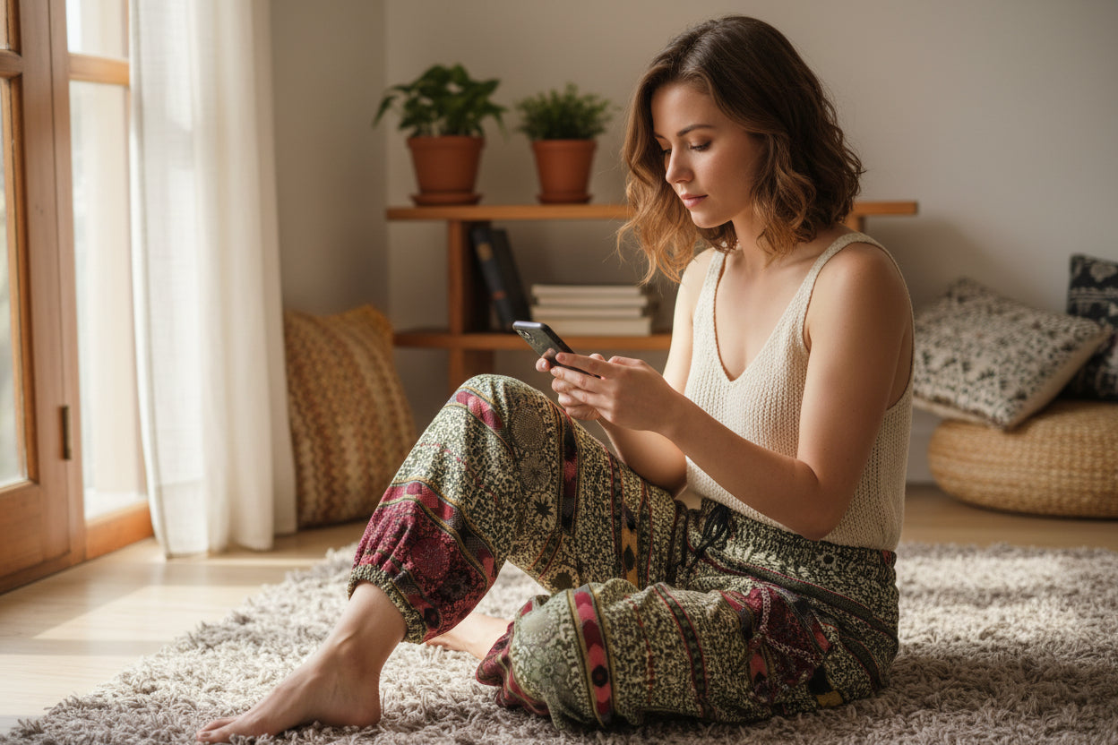 Patterned pants on a hanger against a wooden door background