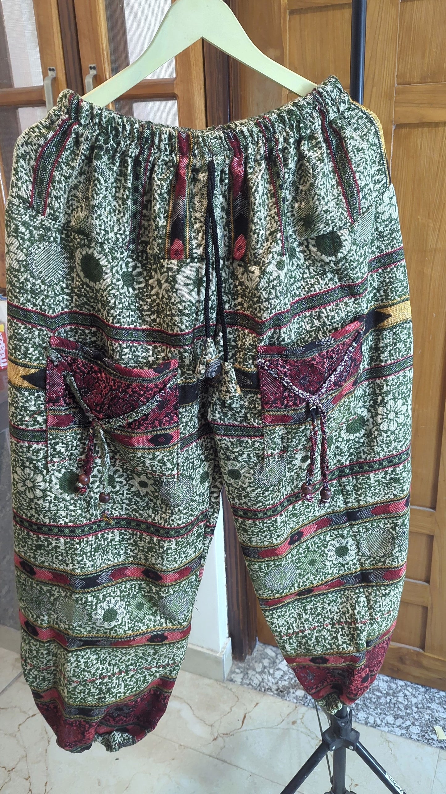 Himalayan Forest Bloom Woolen Harem Pants – Olive & Maroon Floral Tapestry