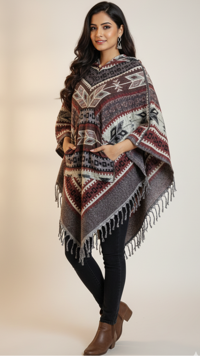 Woman wearing a patterned poncho with a plain background