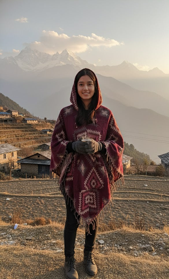 Person wearing a patterned shawl standing in a mountainous landscape with fields and houses.