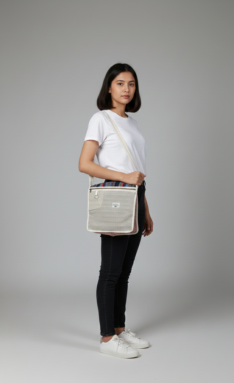 Woman holding a light gray crossbody bag against a plain background