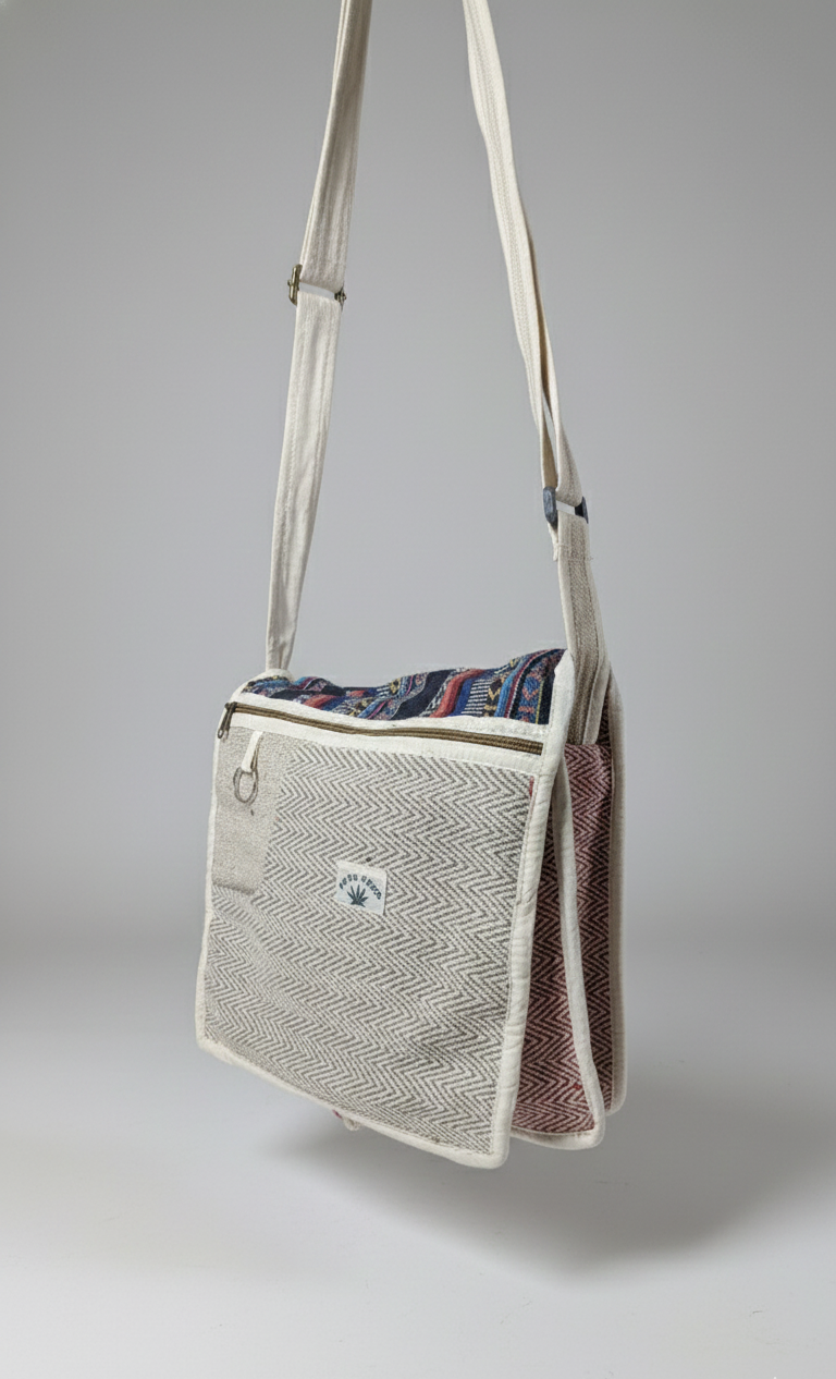Crossbody bag with textured fabric and patterned lining on a gray background