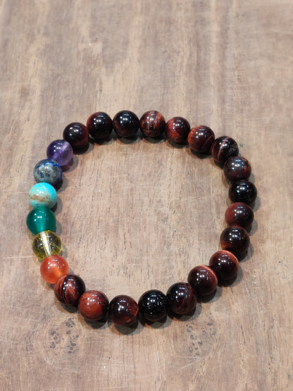 Red Tiger Eye with 7 Chakra Stones, alignment bracelet