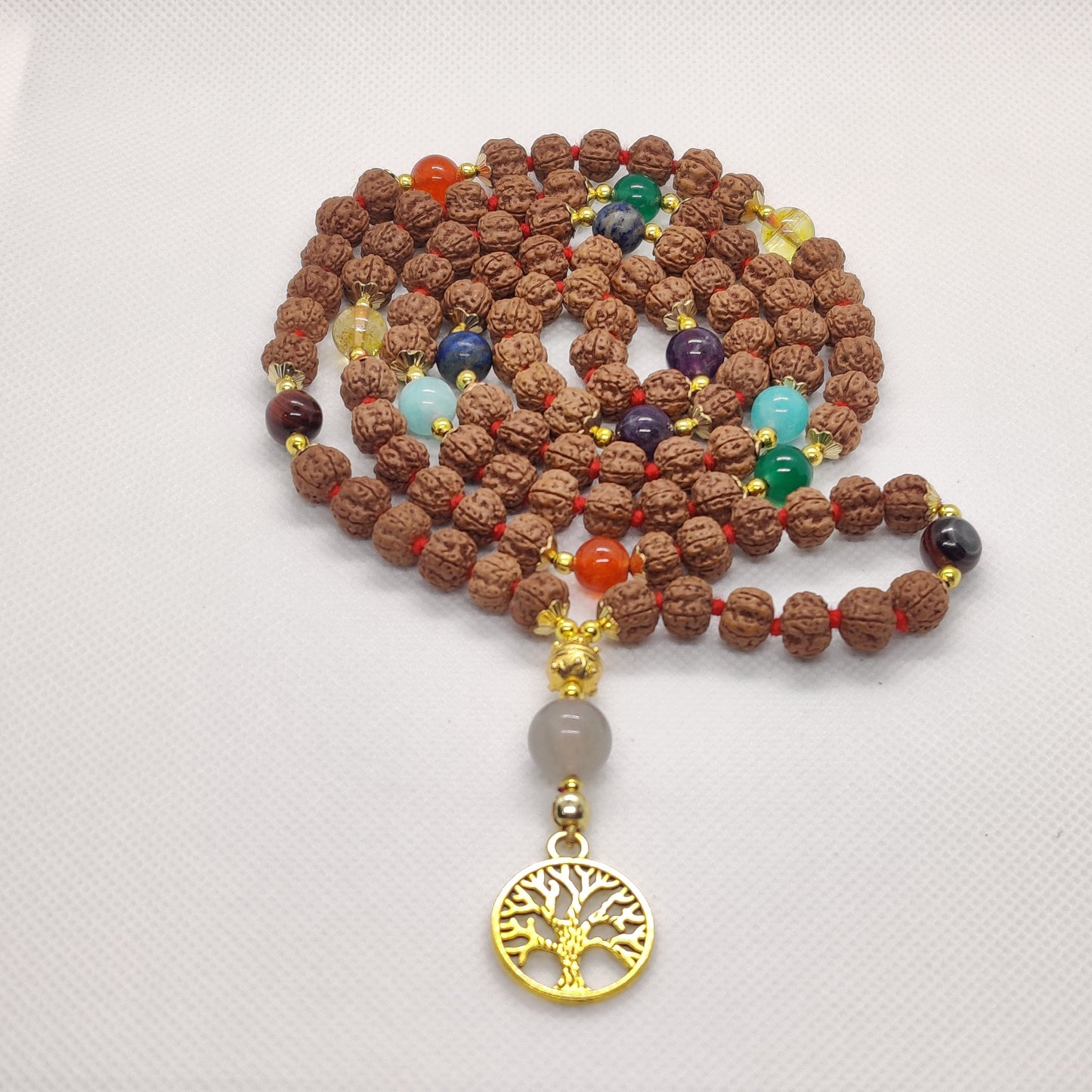 Harmony Unveiled: 7 Chakra Rudraksha Mala with Tree of Life Pendant