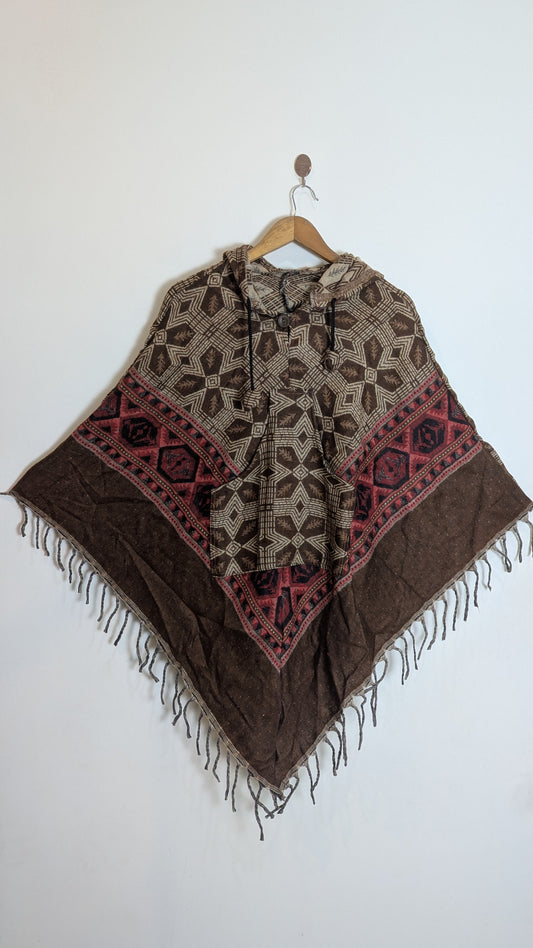 Ethno-Chic Geometric Woolen Poncho with Hood & Kangaroo Pocket
