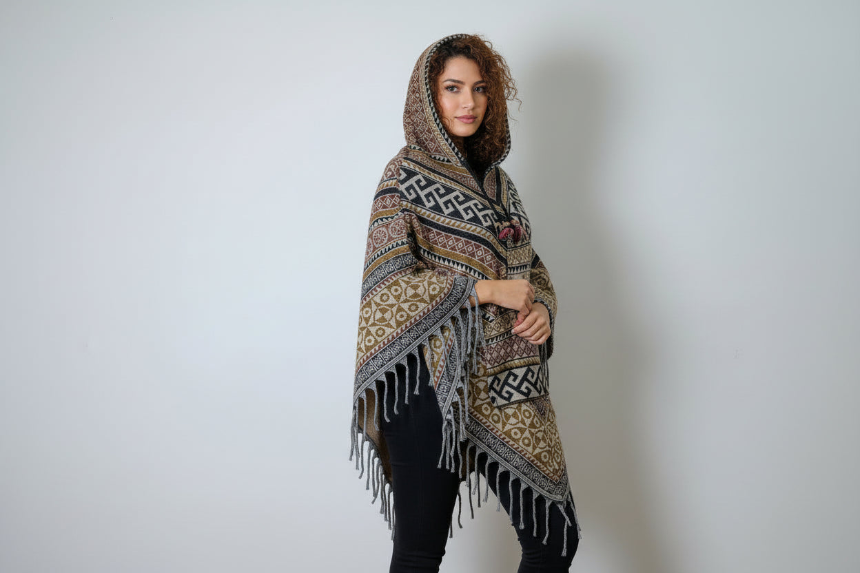 Patterned poncho with fringes hanging on a hook against a white wall.