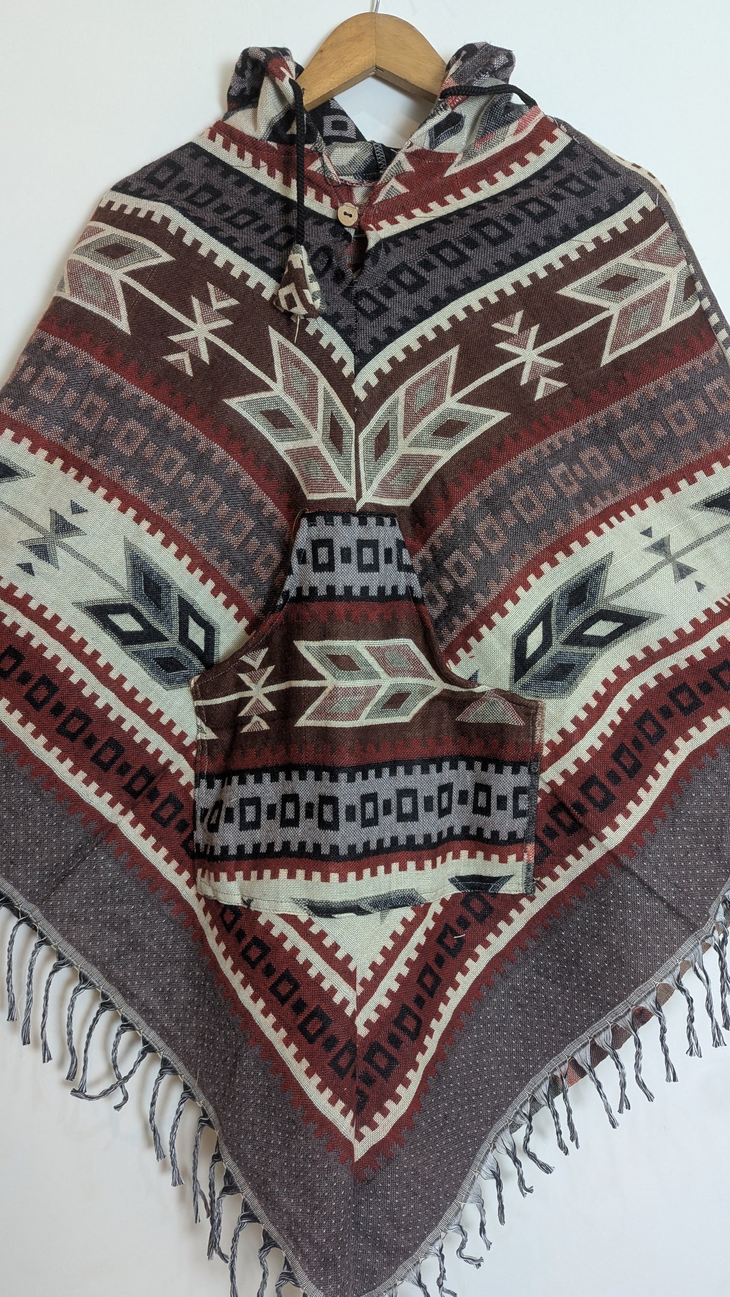 Women’s Hooded Woolen Poncho with Traditional Geometric Patterns