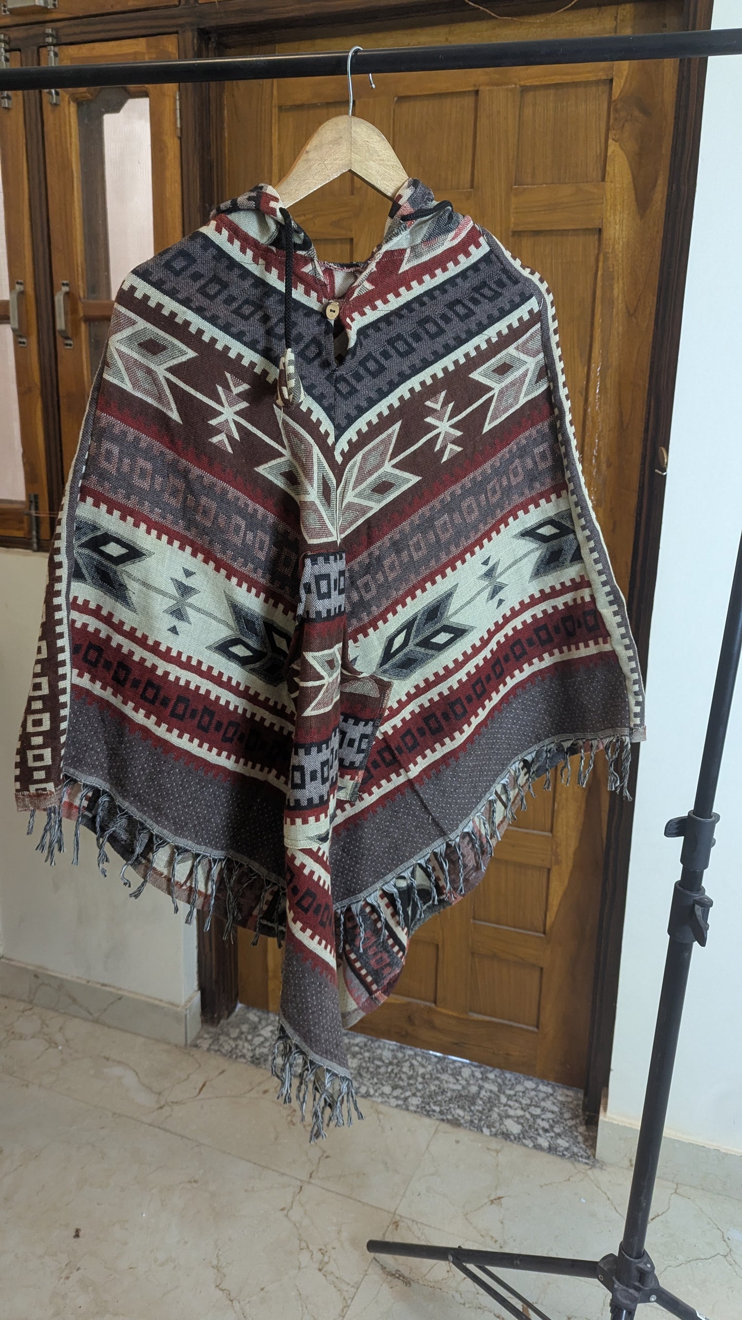Women’s Hooded Woolen Poncho with Traditional Geometric Patterns