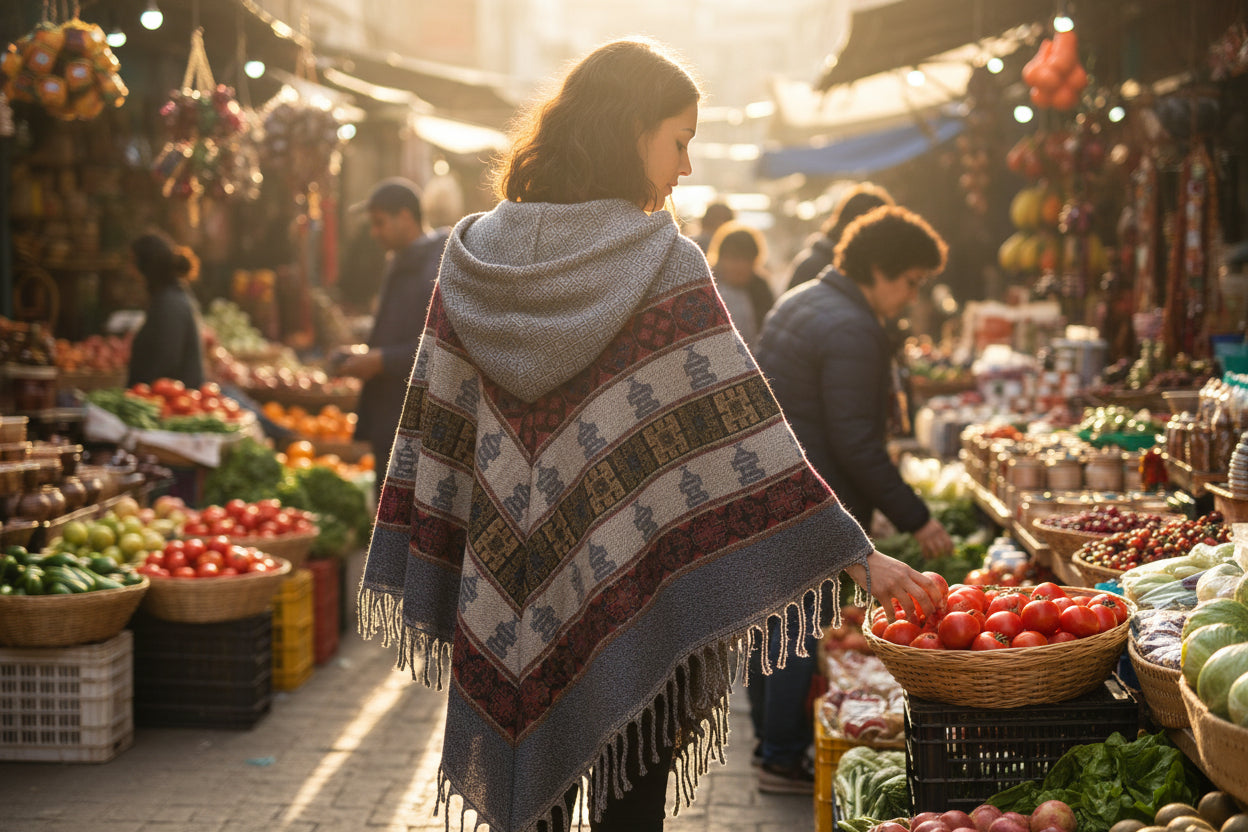 Hooded poncho with geometric pattern on a white background