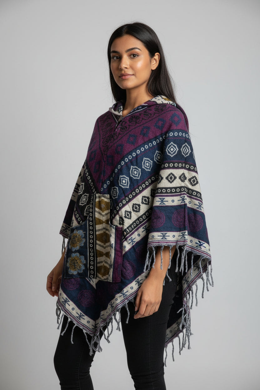 Colorful patterned shawl with fringe on a wooden hanger against a white background