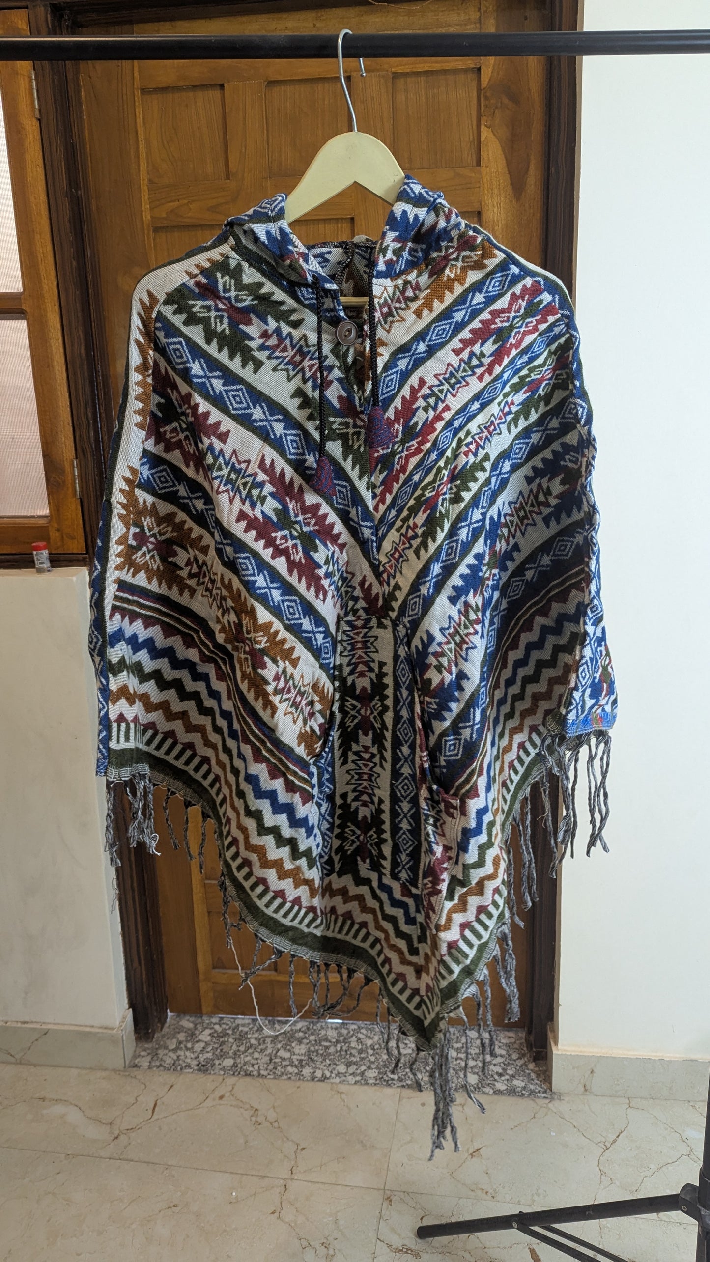 Bohemian Tribal Print Woolen Poncho – Unisex Winter Outerwear