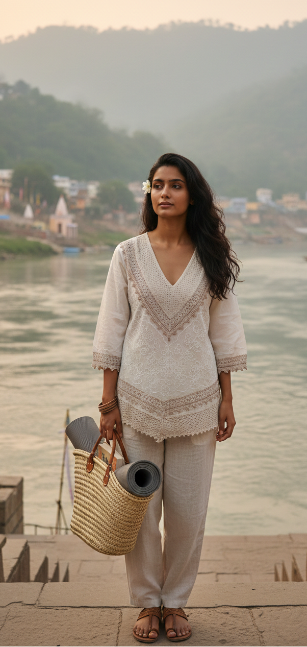 Woman standing by a river with mountains in the background
