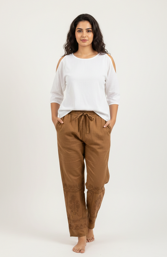Tone Embroidered Cotton Pajamas – Sun-Killed Brown
